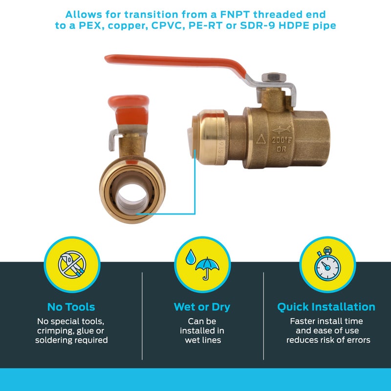 SharkBite 3/4 x 3/4 Inch Ball Valve with FNPT Connector, Push to Connect Brass Plumbing Fitting, PEX Pipe, Copper, CPVC, PE-RT, HDPE, 22186-0000LF - Image 3